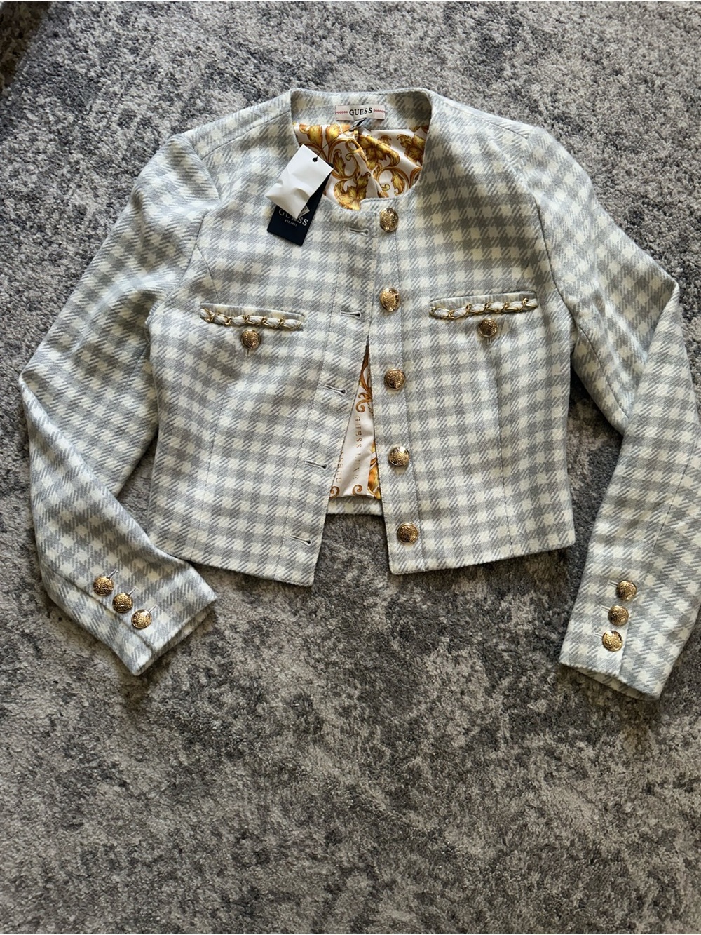 Guess Cropped Houndstooth Tweed Blazer in Light Gray and White with Gold Buttons